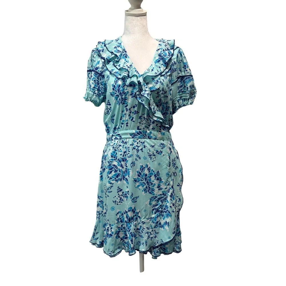 Poupette St Barth Aude‎ Mini Wrap Dress Womens Large Blue Floral Ruffle Viscose